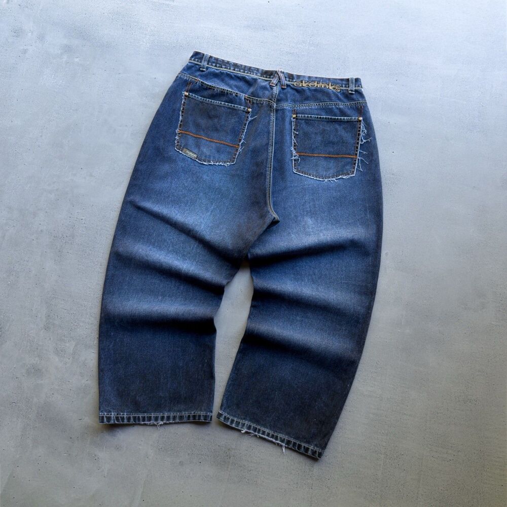 Akademiks Mens Jeans 38 Y2K Baggy Wide Leg Hip Hop Blue Denim Distressed Skater